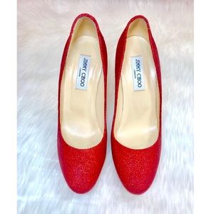 Jimmy Choo Red Glitter Round-Toe Pumps